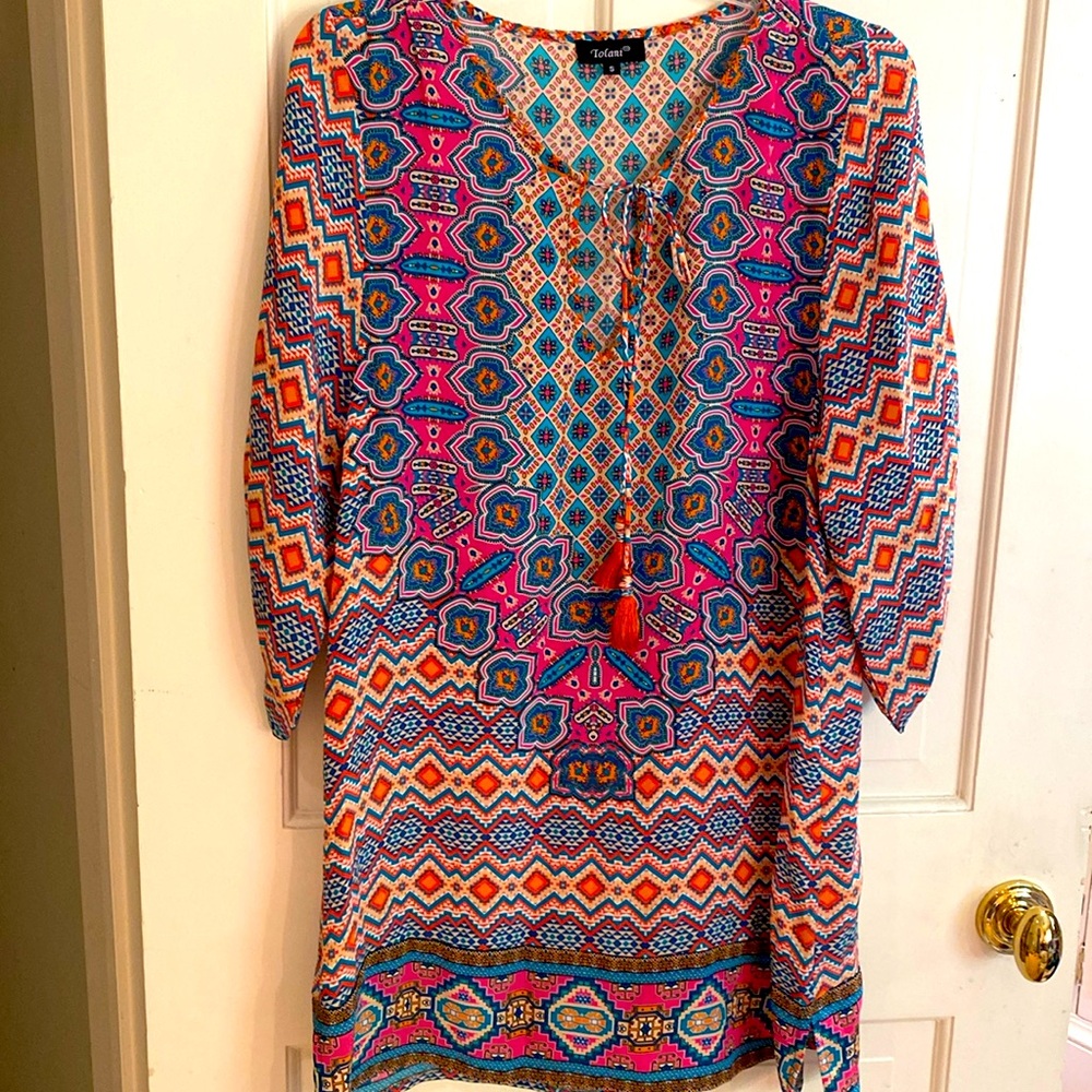 Tolani 100% silk geometric richly patterned bold tassel tie tunic dress Sz S